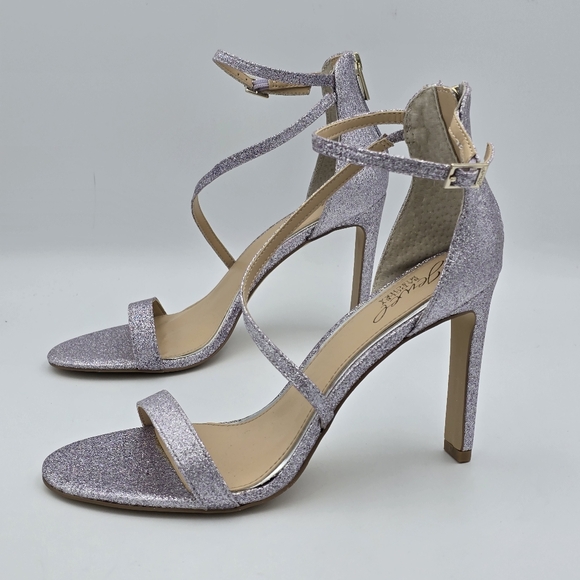 NWOT Jewel Badgley Mischka Diana Heeled Strappy Sandals, Lilac (Purple) Glitter - Picture 6 of 16